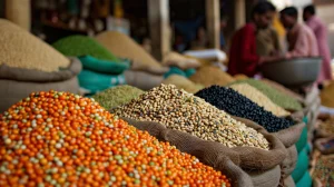 A variety of grains and pulses in sacks at a market, showcasing vibrant colors and diversity