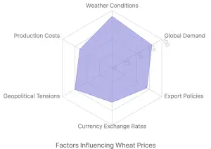 Radar graph depicting the factors influencing wheat prices, including currency exchange rates, geopolitical tensions, production costs, weather conditions, global demand, and export policies