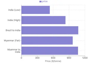 Bar graph showing the prices of black matpe (Urad) in 2024, comparing prices in India (low), India (high), Brazil to India, Myanmar (fair), and Myanmar to India in $/tonne