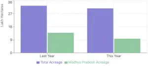 Bar graph illustrating the comparison of urad dal acreage between 2023 and 2024, showcasing both total acreage and Madhya Pradesh acreage