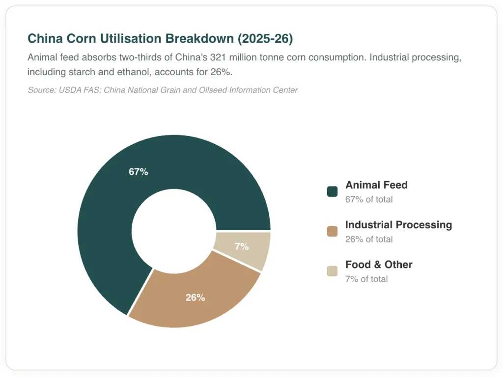 China corn utilisation donut chart showing 67% allocated to animal feed 26% to industrial processing and 7% to food and other uses in 2025-26