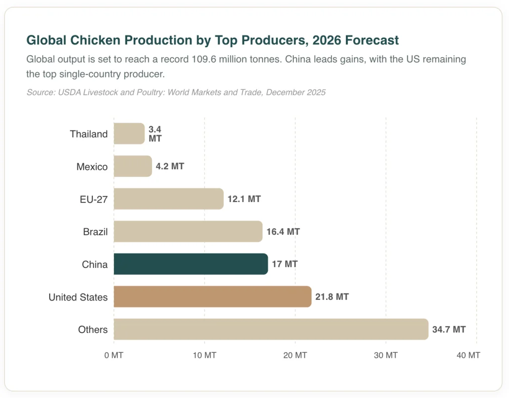 Global chicken production 2026 forecast horizontal bar chart with United States at 21.8 million tonnes China at 17 million tonnes and Brazil at 16.4 million tonnes