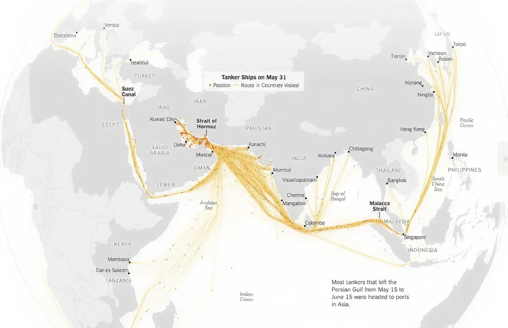 Ammonia supply crisis map showing the Strait of Hormuz chokepoint between Iran and Oman where over 20% of global fertilizer trade has been halted since February 2026