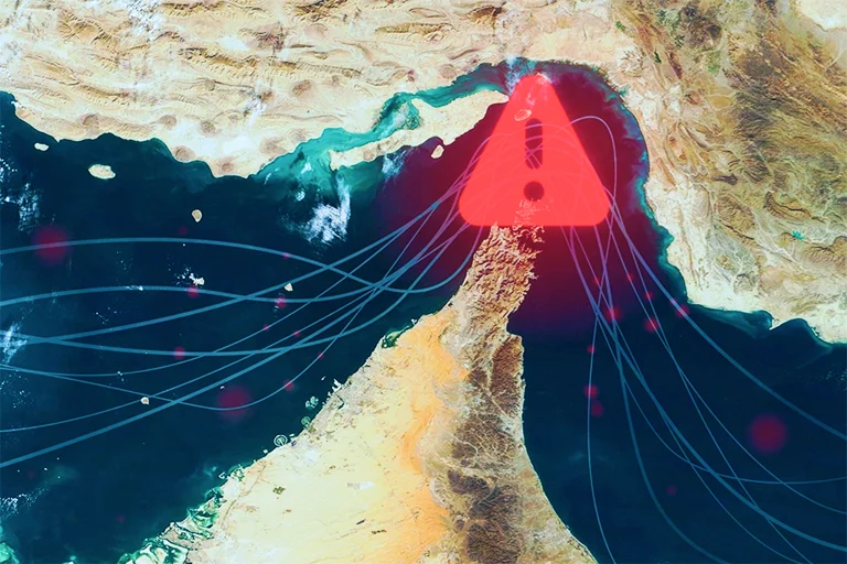 Strait of Hormuz food crisis illustrated by a tanker vessel navigating the narrow Persian Gulf chokepoint