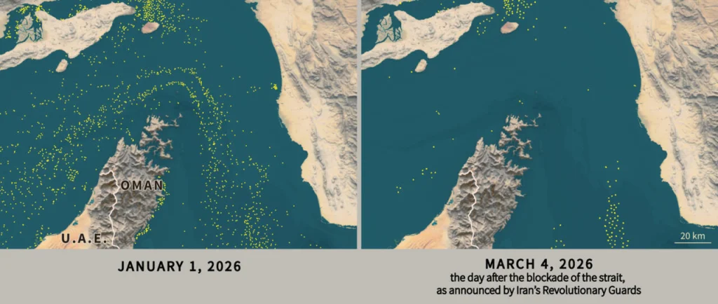 Biofuel demand context: satellite comparison of maritime traffic in the Strait of Hormuz on January 1, 2026, showing dense vessel activity, versus March 4, 2026, the day after Iran's Revolutionary Guards announced the blockade, showing near-total cessation of shipping