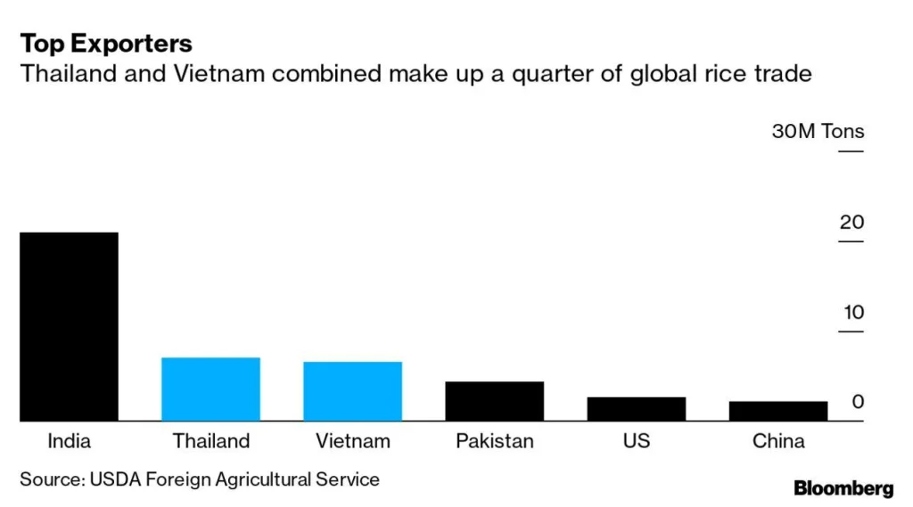 Graph comparing rice exports from India, Vietnam, Thailand, Pakistan and the United States