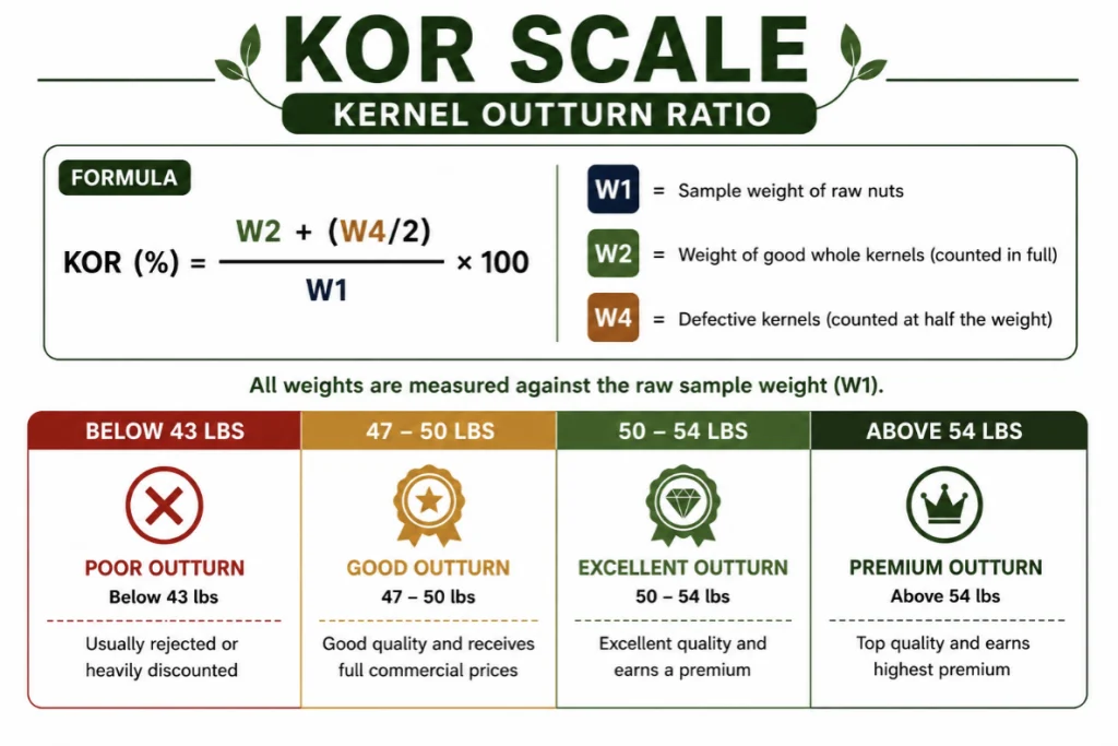 Kernel Outturn Ratio scale used to grade raw cashew nut quality