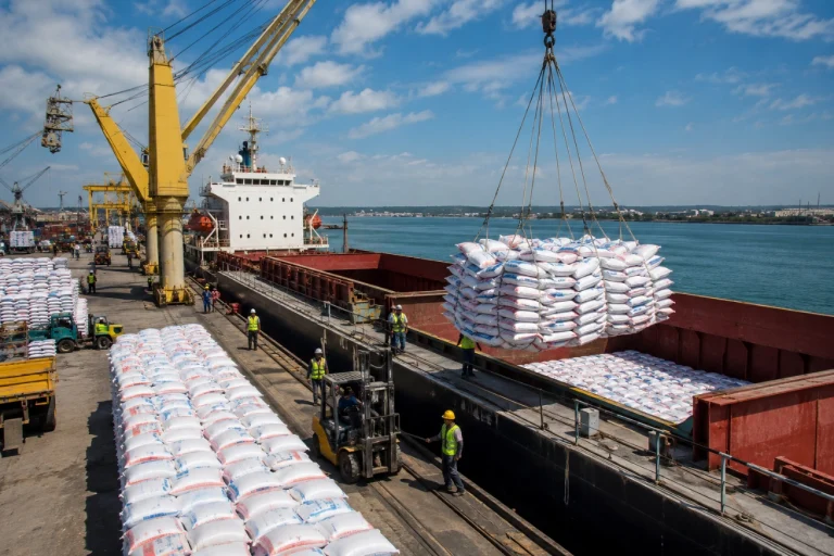 Bags of rice being loaded onto a cargo ship at port