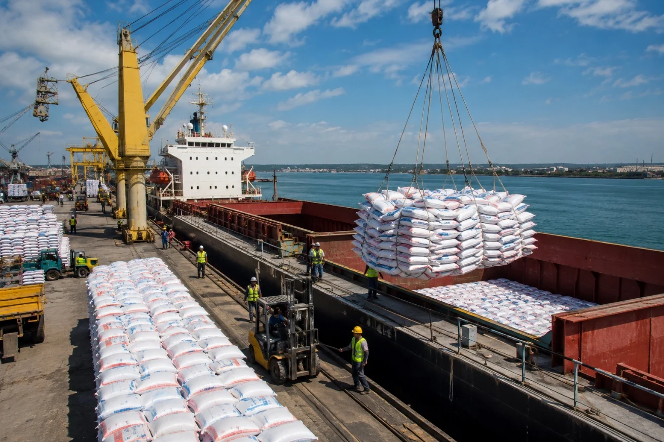 Bags of rice being loaded onto a cargo ship at port